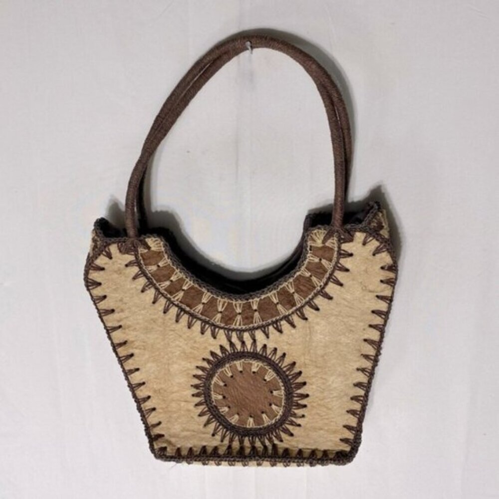 Vintage Handcrafted Brown & Cream Purse Shoulder Bag Handbag Boho